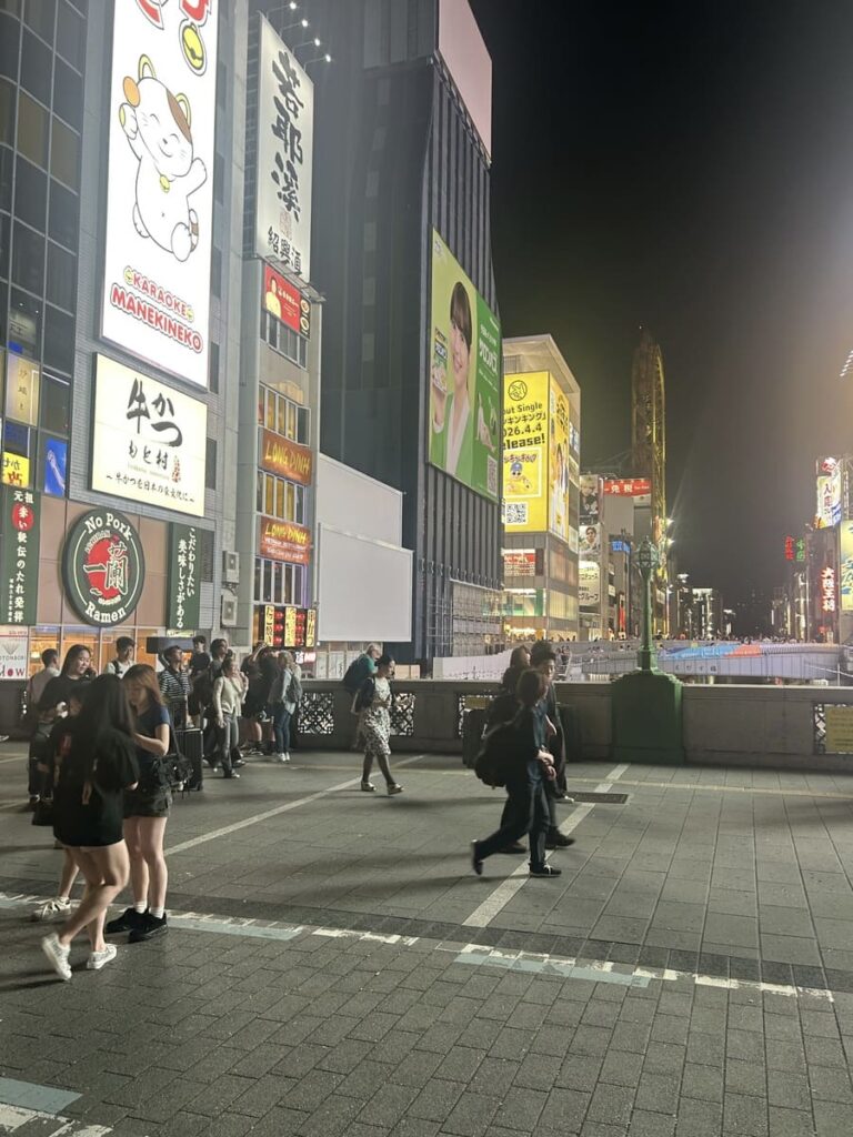 Dotonbori at night with neon billboards and crowds in Osaka's Namba district.